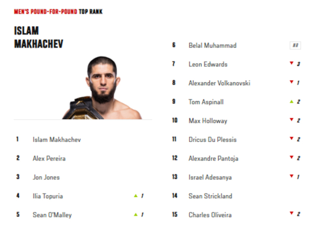 31일 발표된 UFC P4P 랭킹. /UFC 홈페이지 캡처